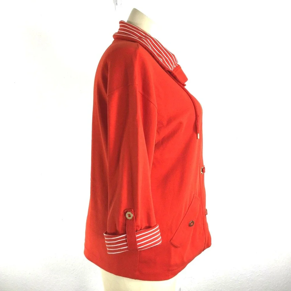 Jones NY‎ Jacket XL Red Orange White Drawstring Collar Gold Buckle Nautical